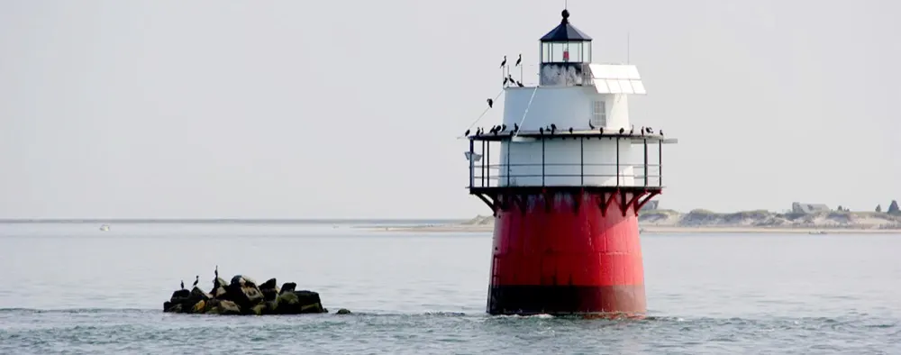 Plymouth Light, the red and white lighthouse in Plymouth Harbor