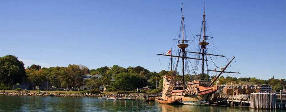 The Mayflower II tall ship moored on the Plymouth waterfront